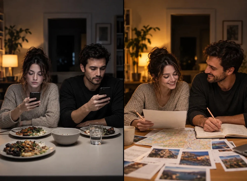 Before: a couple scrolling their phones at dinner. After: the same couple solving a detective case together.