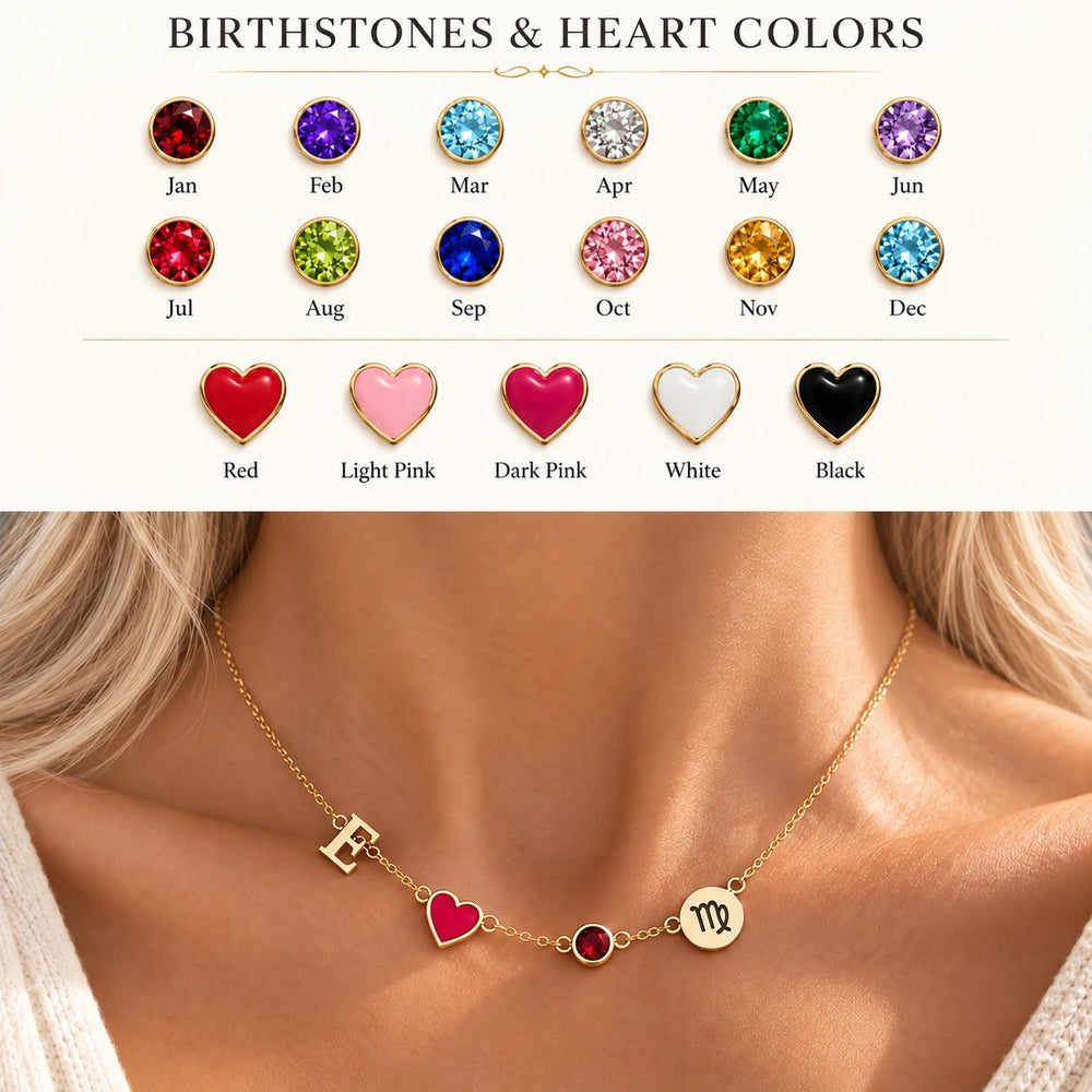 The 12 birthstone colors and 5 heart colors