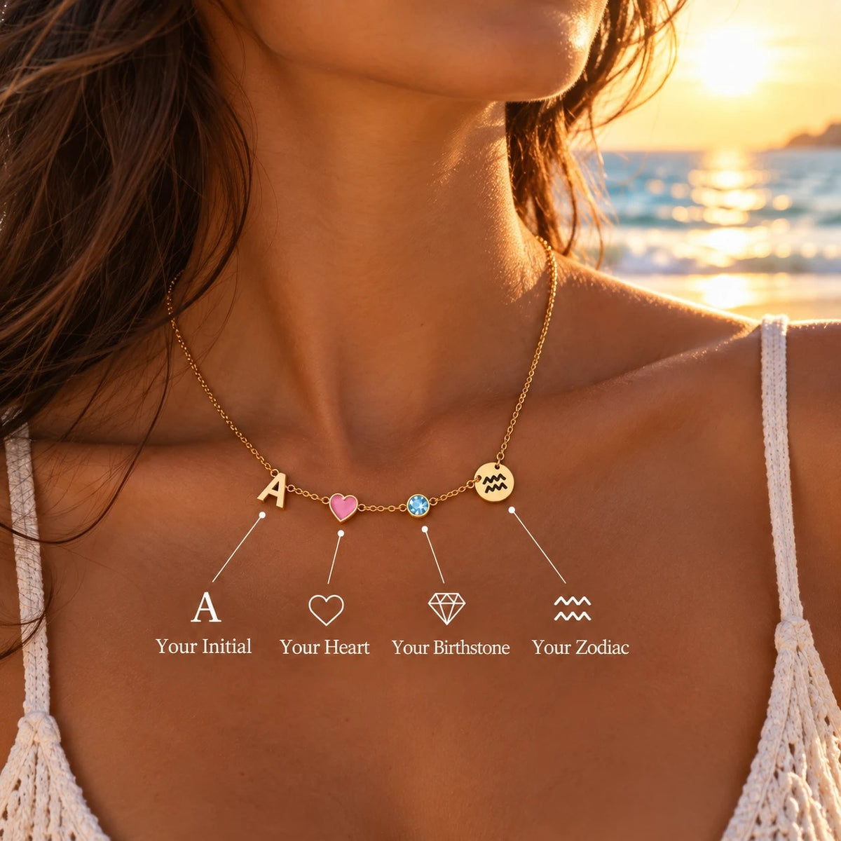 Personalised necklace with initial, heart, birthstone and zodiac sign, worn at sunset