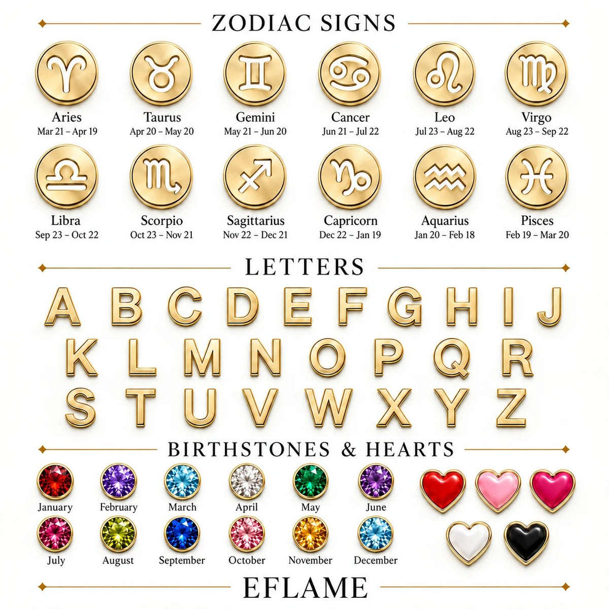 All symbols: zodiac signs, letters A to Z, birthstones and hearts